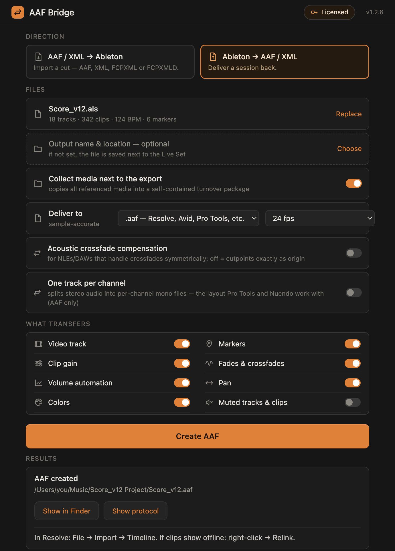 AAF Bridge export screen: delivering an Ableton session as AAF for Resolve, Avid or Pro Tools at a chosen frame rate.
