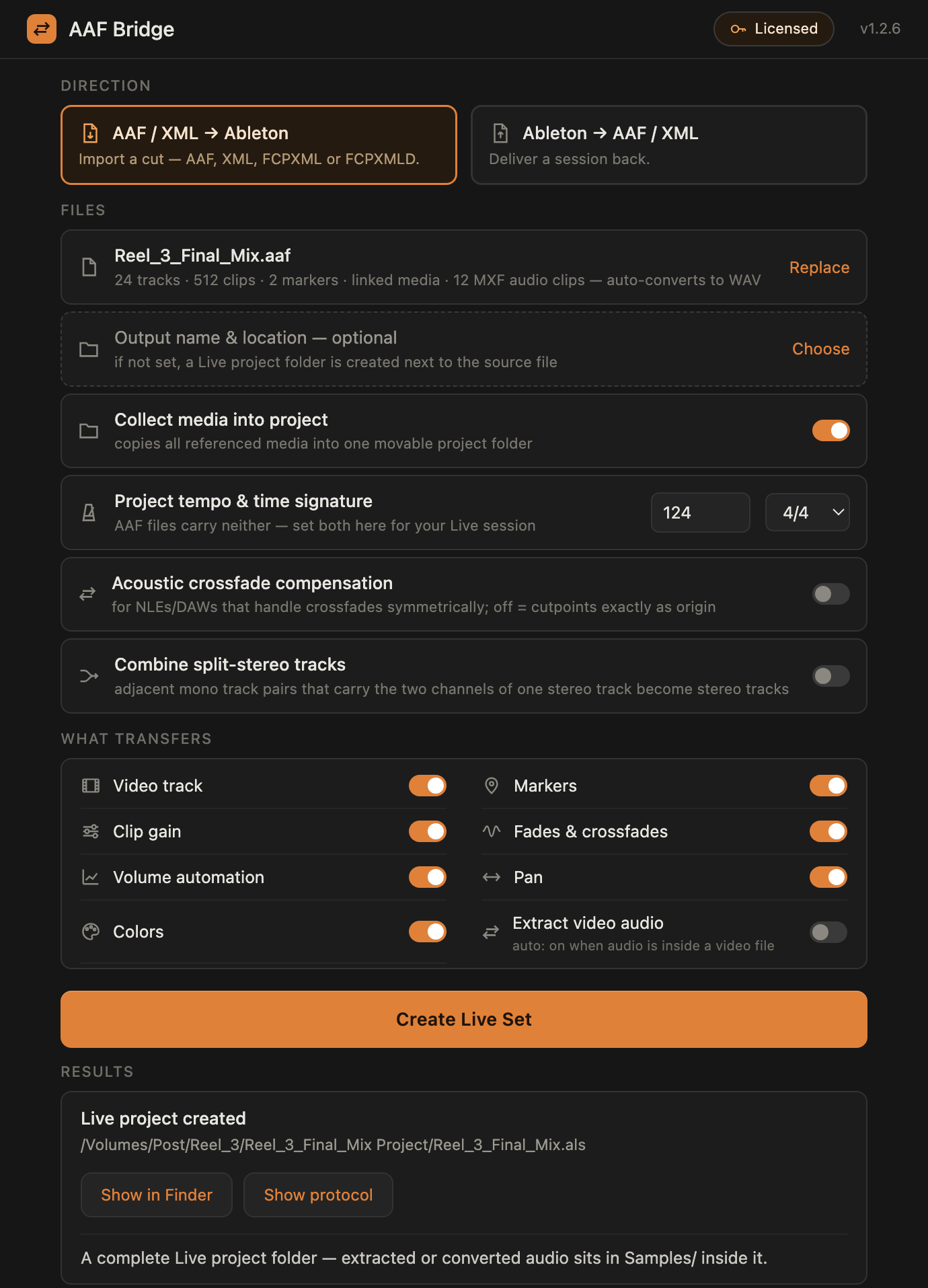 AAF Bridge import screen: choosing AAF to Ableton, with collect-media, project tempo and what-transfers options.